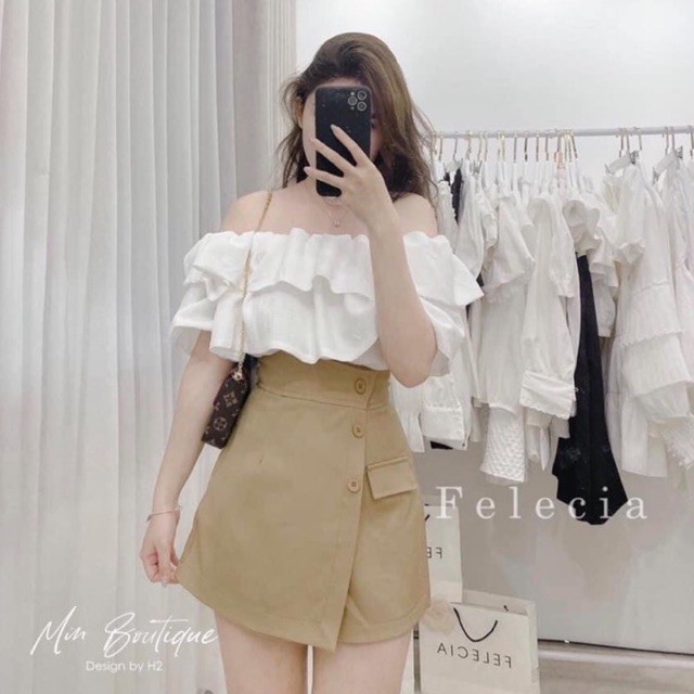 [Siêu Hot] Set Trễ Vai Áo Trắng Mix Chân Váy Kaki Có Ảnh Thật Kèm Video